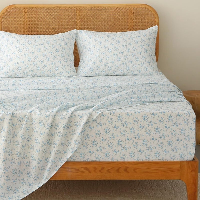HYPREST Floral Sheets King, Blue Floral Pattern Soft Breathable Farmhouse 4pcs Bed Sheet Sets,18 inches Deep Pocket Sheets - Image 1