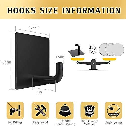 JIALTO 4 PCS Self Adhesive Stainless Steel Wall Hooks – Heavy Duty Waterproof No Drill Wall Hanger for Bathroom, Kitchen & Towel – Strong Coat Hook, J Hook Black (Holds Up to 5 KG) - Image 3