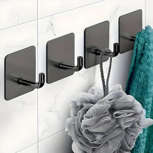 JIALTO 4 PCS Self Adhesive Stainless Steel Wall Hooks – Heavy Duty Waterproof No Drill Wall Hanger for Bathroom, Kitchen & Towel – Strong Coat Hook, J Hook Black (Holds Up to 5 KG) - Image 1