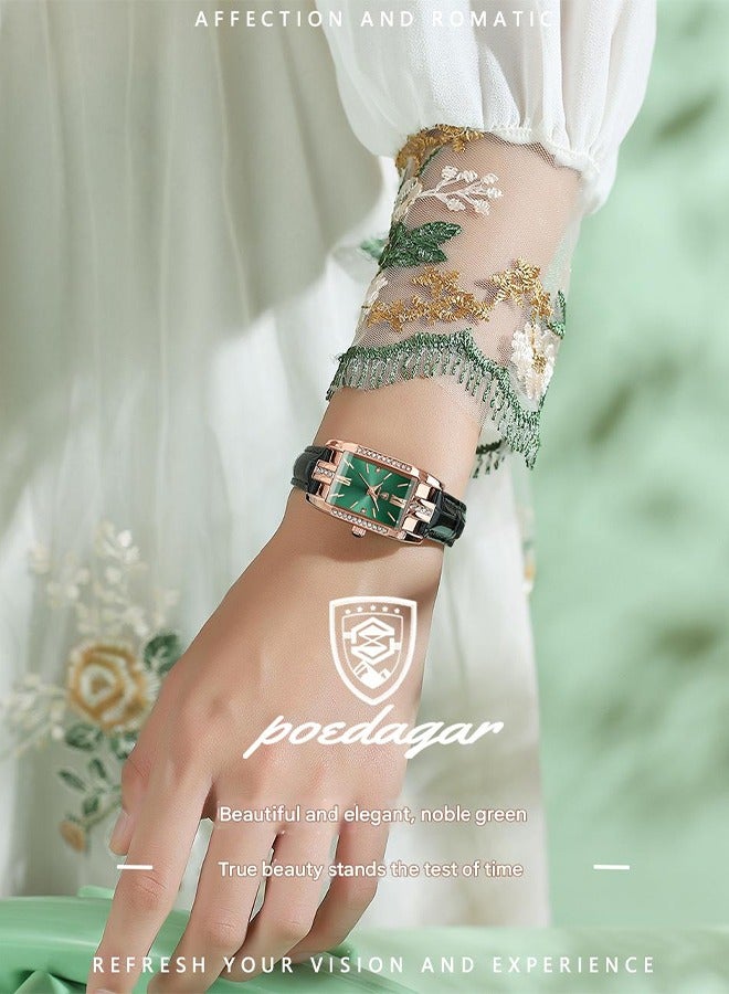 POEDAGAR ​​POEDAGAR Women's Square Green Watch - Dark Green Leather Strap with Rose Gold-Tone Case & Green Dial, Vintage Style for Daily Wear and Special Occasions​​ - Image 2