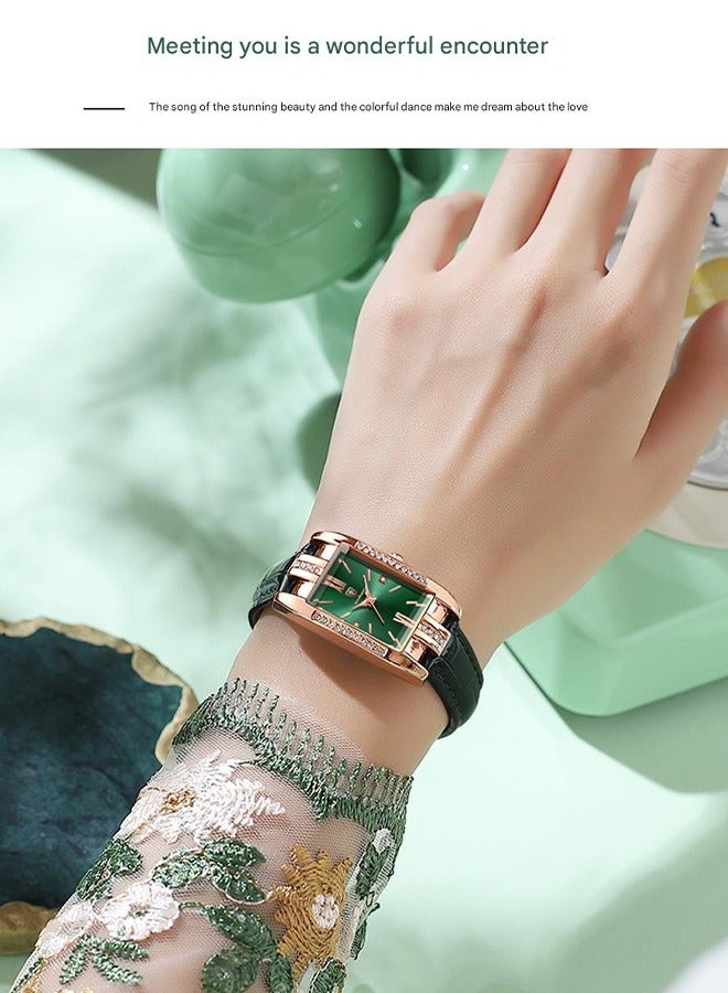 POEDAGAR ​​POEDAGAR Women's Square Green Watch - Dark Green Leather Strap with Rose Gold-Tone Case & Green Dial, Vintage Style for Daily Wear and Special Occasions​​ - Image 3