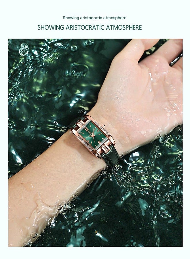 POEDAGAR ​​POEDAGAR Women's Square Green Watch - Dark Green Leather Strap with Rose Gold-Tone Case & Green Dial, Vintage Style for Daily Wear and Special Occasions​​ - Image 4