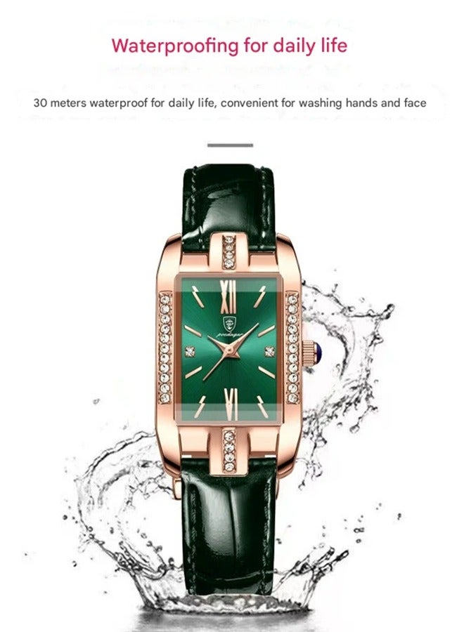 POEDAGAR ​​POEDAGAR Women's Square Green Watch - Dark Green Leather Strap with Rose Gold-Tone Case & Green Dial, Vintage Style for Daily Wear and Special Occasions​​ - Image 5