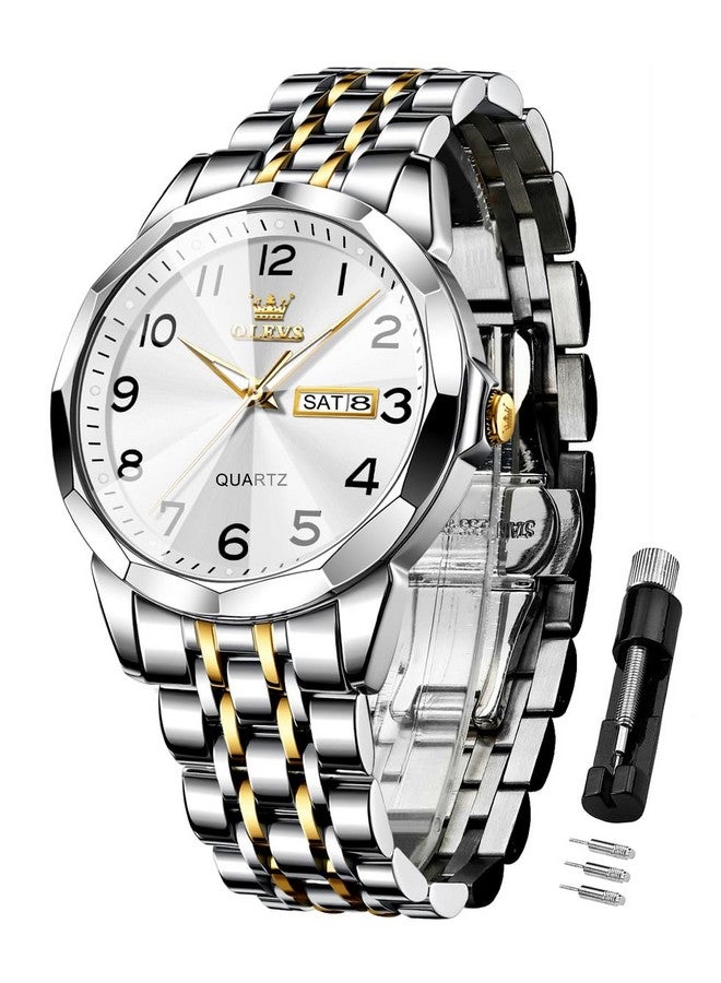 أوليفز ساعة OLEVS للرجال فاخرة رسمية أنالوج كوارتز ستانلس ستيل مقاومة للماء مضيئة بخاصية التاريخ ساعة يد كاجوال ثنائية اللون باللونين الذهبي والأبيض - Image 1