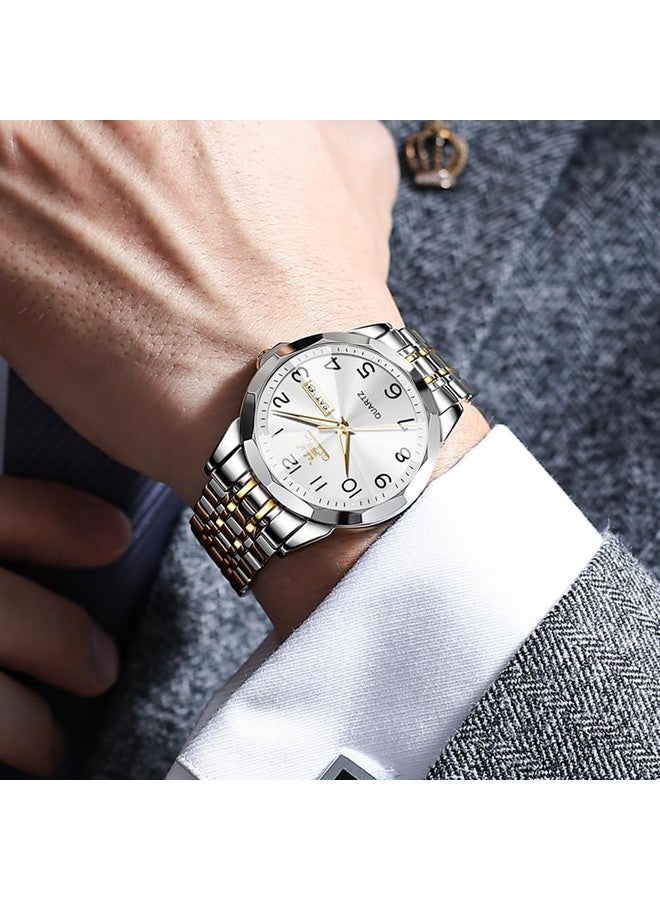 أوليفز ساعة OLEVS للرجال فاخرة رسمية أنالوج كوارتز ستانلس ستيل مقاومة للماء مضيئة بخاصية التاريخ ساعة يد كاجوال ثنائية اللون باللونين الذهبي والأبيض - Image 4