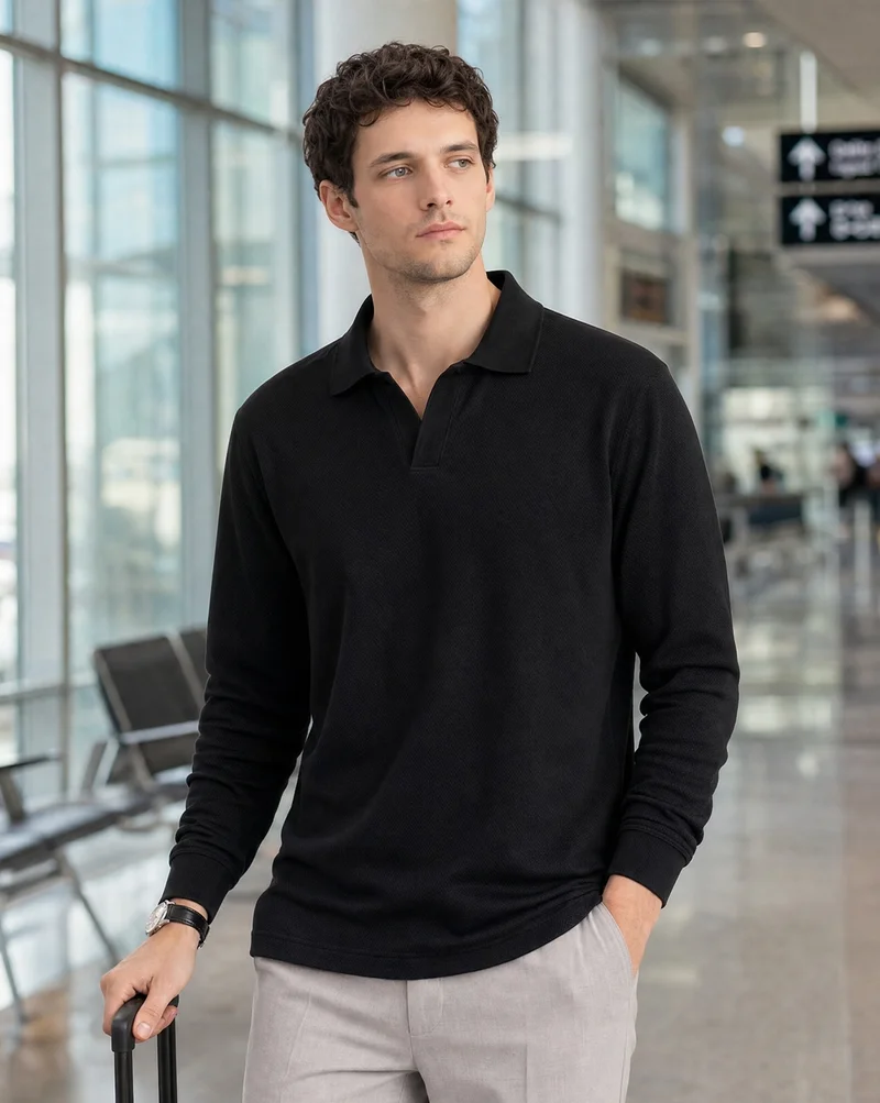 Nobero Nobero Popcorn Textured Full Sleeve Polo T-Shirt for Men |  Polo T-shirts in 280 GSM 100% Cotton | Collar Polos with Johnny Collar & Ribbed Cuffs | Regular Fit