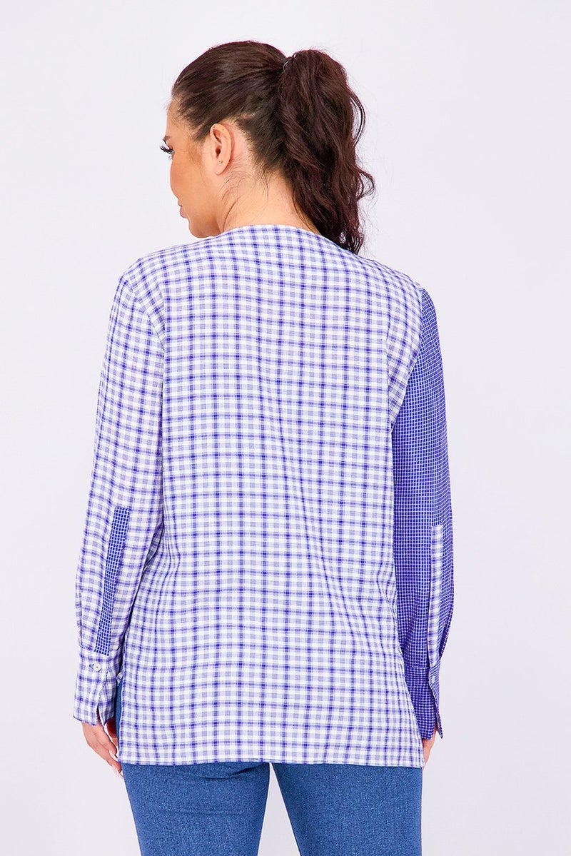 MANGO Women Combined Checkered Blouse, Blue - Image 3