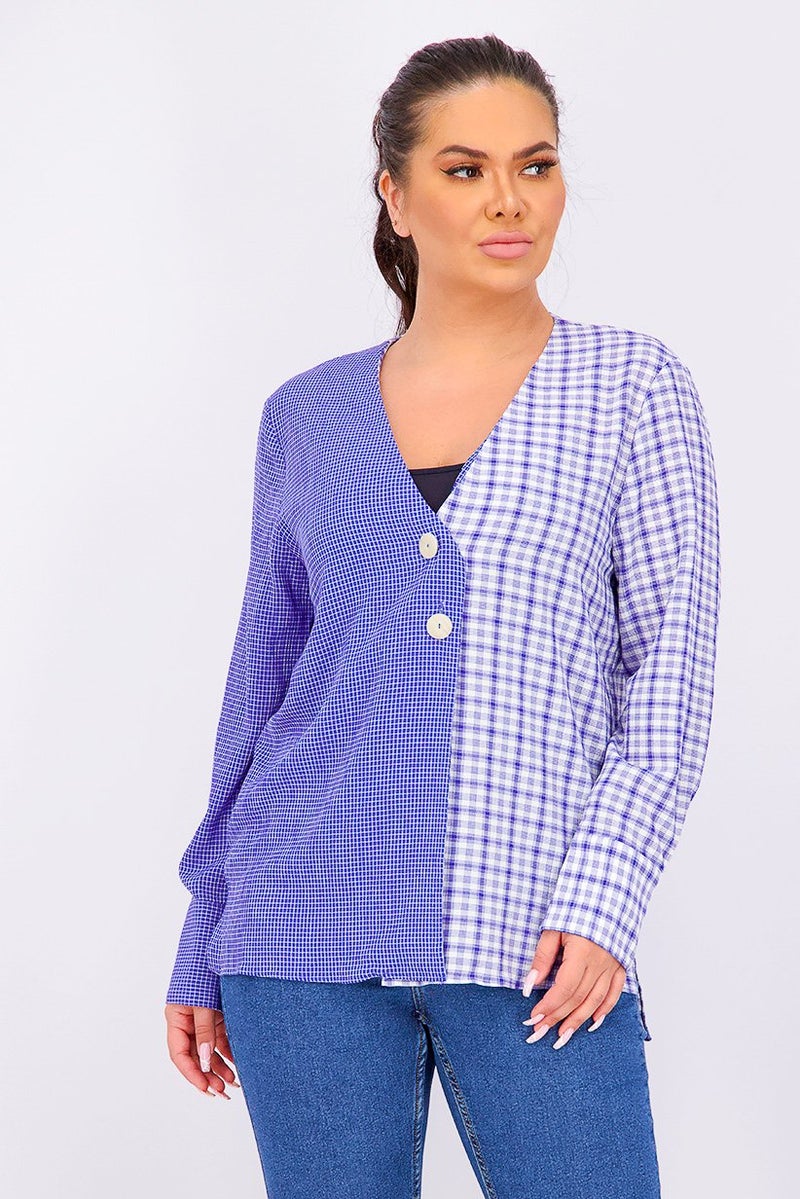 MANGO Women Combined Checkered Blouse, Blue - Image 1