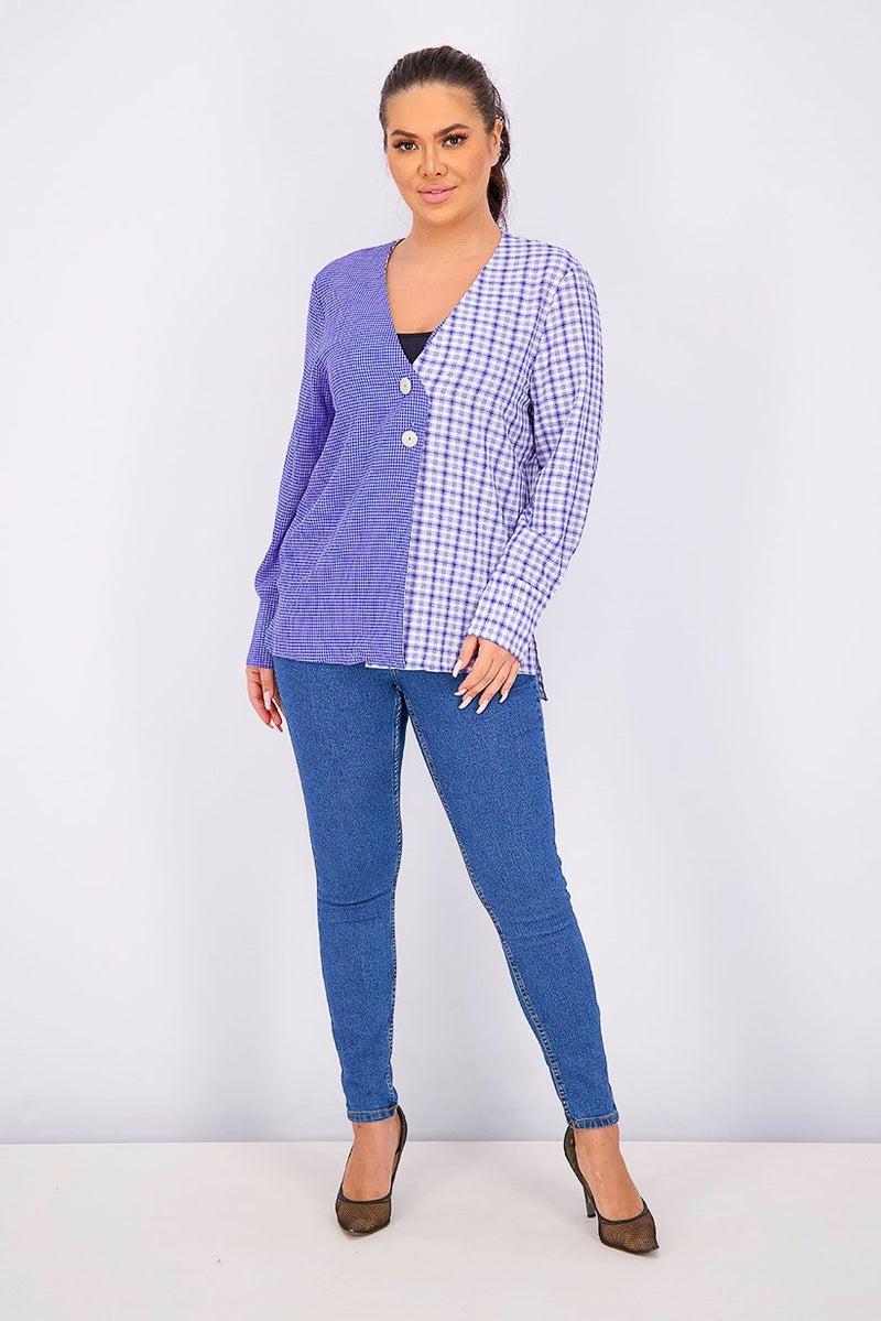 MANGO Women Combined Checkered Blouse, Blue - Image 2