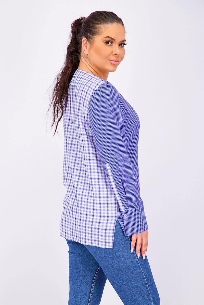 MANGO Women Combined Checkered Blouse, Blue - Image 4