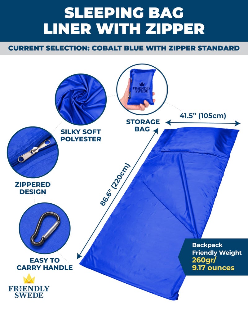 The Friendly Swede Sleeping Bag Liner Ultralight - Thin Travel Sheets for Hotel w Full Length Zipper - Silky Feel Camping Sheets & Adult Sleep Sack for Backpacking - Travel Bag - Blue (Zipper) - Image 3