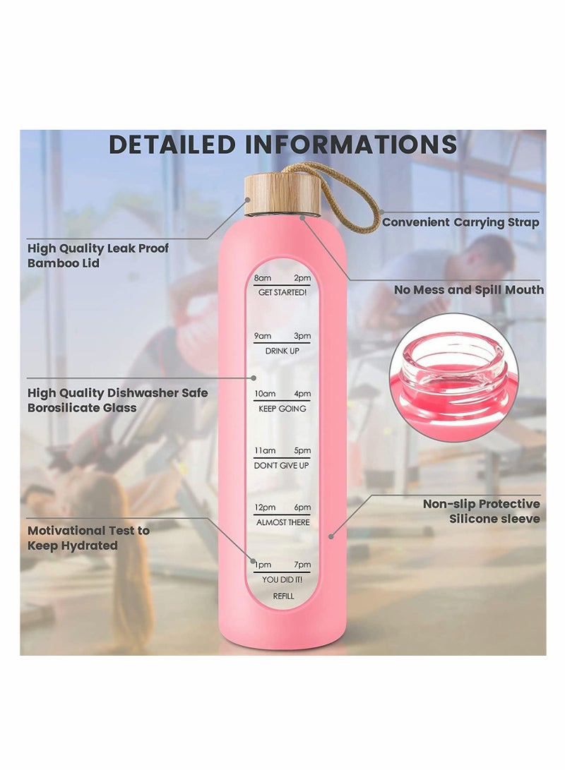 Excefore 32 Oz Borosilicate Glass Water Bottle with Time Marker Reminder Quotes Leak Proof Reusable BPA Free Motivational Water Bottle with Silicone Sleeve and Bamboo Lid Pink  - Image 3