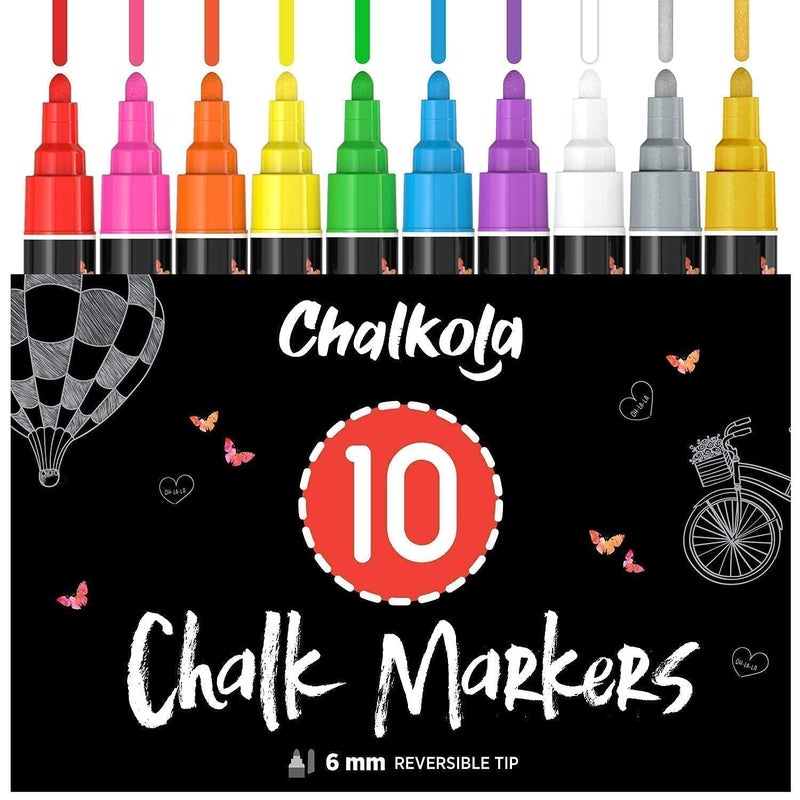 Chalkola Liquid Chalk Markers Erasable (10 Pack) w/Gold & Silver - Washable Paint Chalk Pens for Chalkboard Signs, Blackboard, Car Window, Bistro, Glass, Board - Neon Wet Wipe 6mm Reversible Bold Tip - Image 1