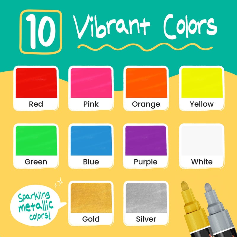 Chalkola Liquid Chalk Markers Erasable (10 Pack) w/Gold & Silver - Washable Paint Chalk Pens for Chalkboard Signs, Blackboard, Car Window, Bistro, Glass, Board - Neon Wet Wipe 6mm Reversible Bold Tip - Image 2