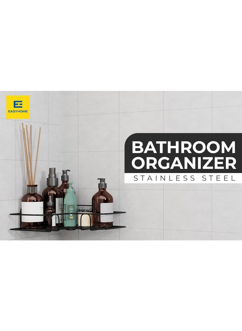 Easy Home - EASY HOME Self Adhesive Bathroom Corner Shelves, Wall Mounted Holder Washroom Organizer, L-Shape Corner Wall Hanging Multipurpose Shelf for Bathroom and Kitchen, Black (Metal, Pack of 2) - Image 1