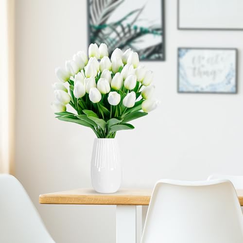Sggvecsy 15 Pcs Fake Tulips Artificial Flowers Real Touch PU Faux Flowers Tulip Stems for Wedding Spring Bouquet Floral Arrangement Home Party Office Decorations for Mothers Day Green White - Image 3