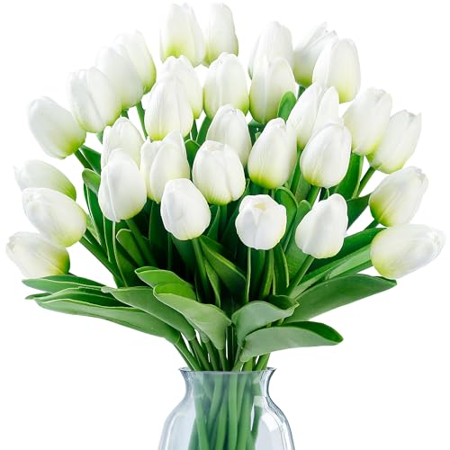 Sggvecsy 15 Pcs Fake Tulips Artificial Flowers Real Touch PU Faux Flowers Tulip Stems for Wedding Spring Bouquet Floral Arrangement Home Party Office Decorations for Mothers Day Green White - Image 1