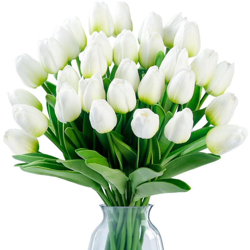 Sggvecsy 15 Pcs Fake Tulips Artificial Flowers Real Touch PU Faux Flowers Tulip Stems for Wedding Spring Bouquet Floral Arrangement Home Party Office Decorations for Mothers Day Green White - Image 2