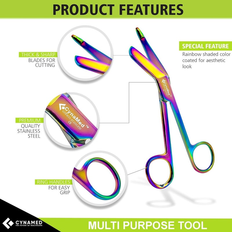 CYNAMED Artzone Lister Bandage Scissors - Medical-Grade Stainless Steel Shears - Multi-Colored Rainbow Titanium Finish - Sharp Blades Cut Through Bandages, Dressing, Tape, Gauze, Clothing (3.5 in.) - Image 2