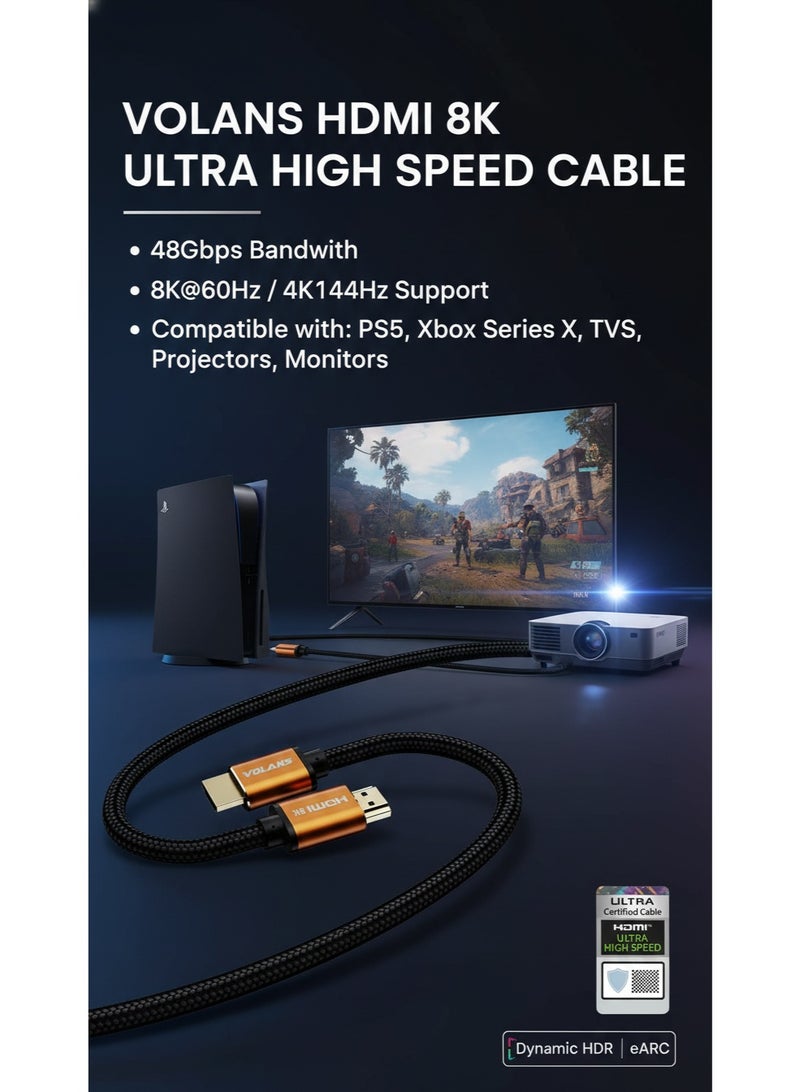 Volans كابل HDMI بدقة 8K بطول 5 أمتار، إصدار 2.1، فائق الدقة Ultra HD، عالي السرعة حتى 48 جيجابت في الثانية، كابل مضفّر، يدعم eARC وHDR الديناميكي وDolby Vision، متوافق مع MacBook Pro وPS5 وNintendo Switch وأجهزة التلفاز وXbox وRoku وتلفزيونات UHD ومشغلات Blu-ray وأجهزة العرض (Projector) - Image 4