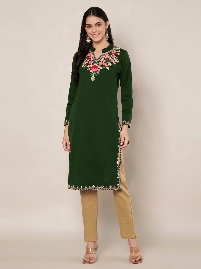 TREND LEVEL Winter Warm Woolen Embroidery Kurta/Kurti for Women's (Multi Flower) (in, Alpha, L, Collar Nack_|Green) - Image 2