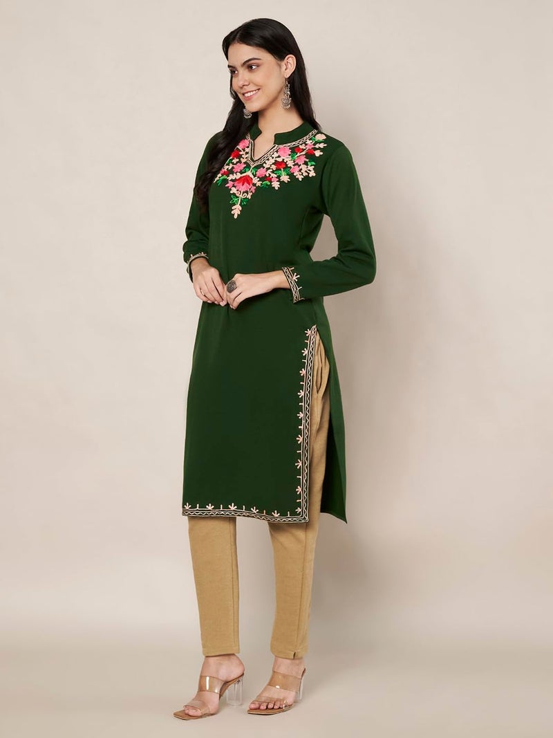 TREND LEVEL Winter Warm Woolen Embroidery Kurta/Kurti for Women's (Multi Flower) (in, Alpha, L, Collar Nack_|Green) - Image 4