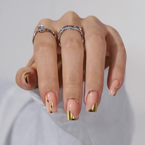 BTArtbox Press On Nails Short Square  Gold Designed Press On Nails Winter Glue On Nails for Women Gifts Natural Fake Nail with Glue Glue On Nails in 16 Sizes  30 Nail Kit Gold Leaf