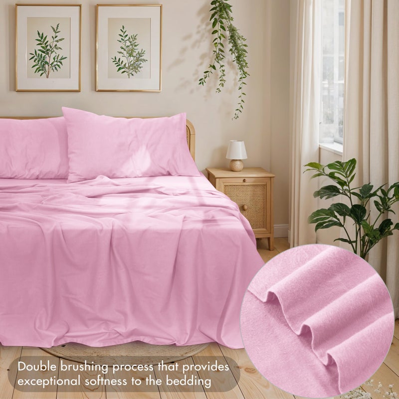 RUVANTI 100% Cotton Flannel Sheets Queen Size - 4 Piece Warm, Soft & Breathable, Deep Pocket, Double Brushed Cozy All Season Bedding Set, Light Pink - Image 3
