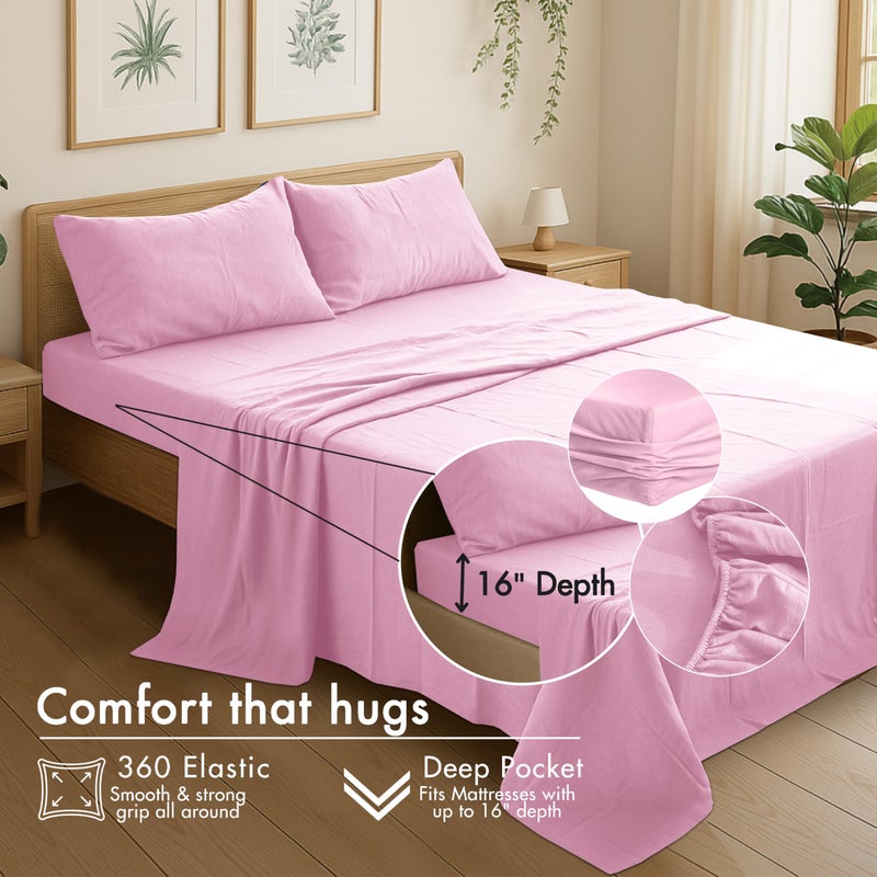 RUVANTI 100% Cotton Flannel Sheets Queen Size - 4 Piece Warm, Soft & Breathable, Deep Pocket, Double Brushed Cozy All Season Bedding Set, Light Pink - Image 4
