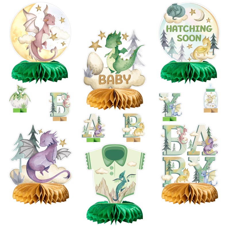 ANGOLIO 12Pcs Watercolor Dragon Letter Sign Party Honeycomb Table Centerpiece Dragon Fairy Hatching Soon Party For Baby Boys Girls Birthday Theme Party Baby Shower Table Decor Photo Props - Image 3
