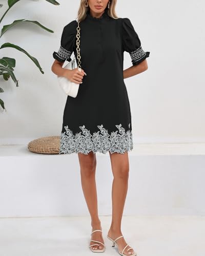 YEXPINE Women's Summer Embroidered Mini Dress Short Puff Sleeve Ruffle Collar Button Front Shift Dress Black - Image 2