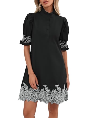 YEXPINE Women's Summer Embroidered Mini Dress Short Puff Sleeve Ruffle Collar Button Front Shift Dress Black - Image 1