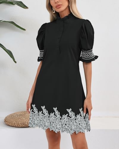 YEXPINE Women's Summer Embroidered Mini Dress Short Puff Sleeve Ruffle Collar Button Front Shift Dress Black - Image 5