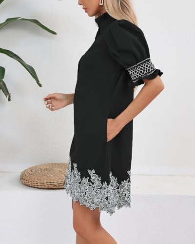 YEXPINE Women's Summer Embroidered Mini Dress Short Puff Sleeve Ruffle Collar Button Front Shift Dress Black - Image 3