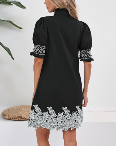 YEXPINE Women's Summer Embroidered Mini Dress Short Puff Sleeve Ruffle Collar Button Front Shift Dress Black - Image 4