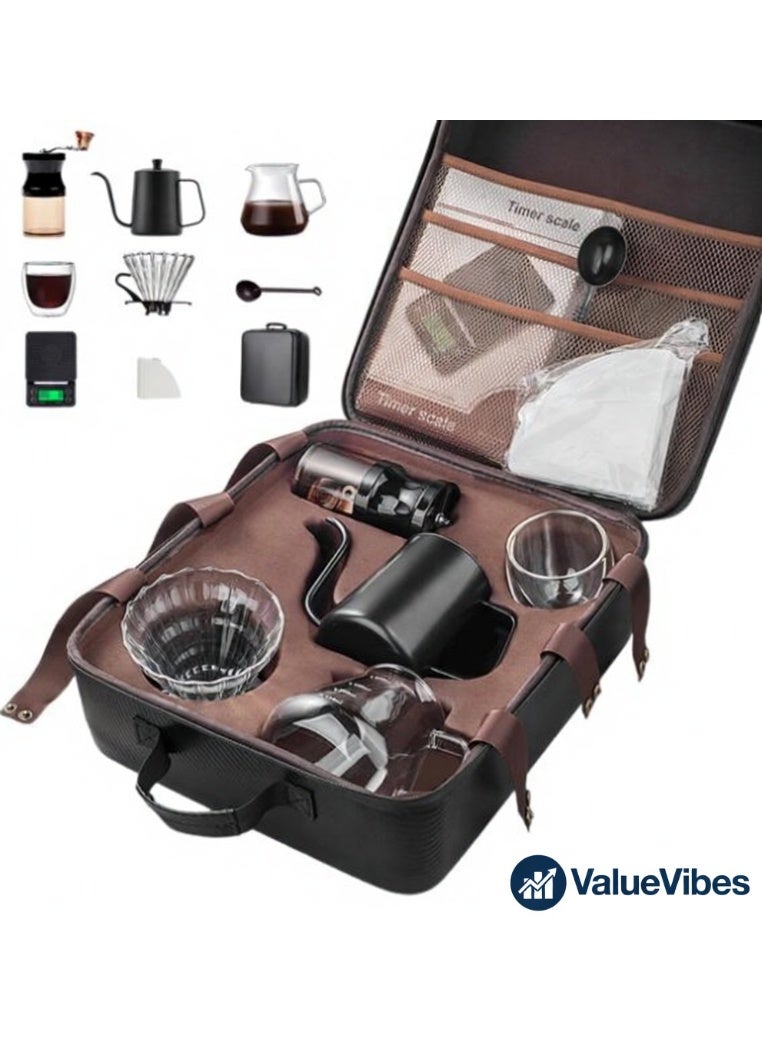 VALUEVIBES V60 Pour Over Coffee Maker 9-Piece Set | Manual Coffee Brewing Kit with Grinder, Kettle, Scale & Dripper | All-in-1 Travel & Camping Coffee Gift Set - Image 1