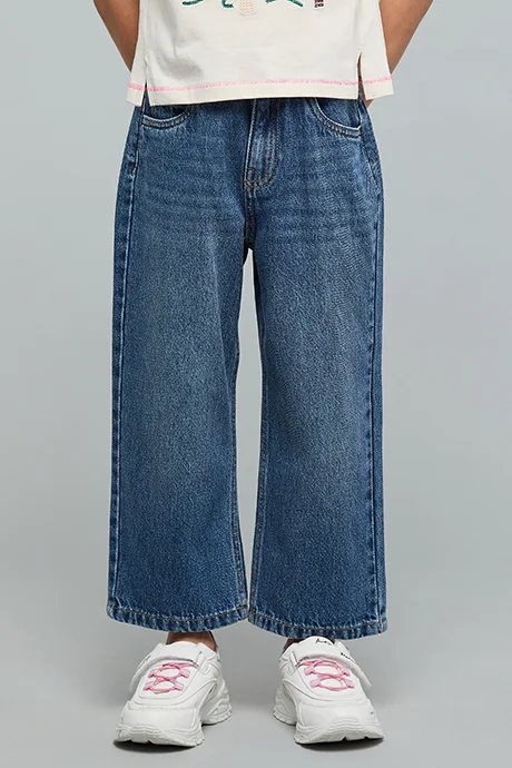 أر أند بي Washed Wide Leg Jeans with Button Closure