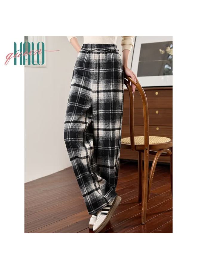 HALOQUEEN Halo Queen Fleece-lined Casual Pants For Women Autumn Winter Plaid Korean Style Thickened Loose Slim Trendy Wide-leg Pants H144k3004 - Image 1