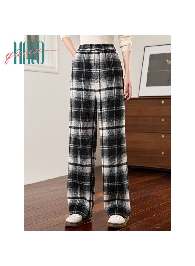 HALOQUEEN Halo Queen Fleece-lined Casual Pants For Women Autumn Winter Plaid Korean Style Thickened Loose Slim Trendy Wide-leg Pants H144k3004 - Image 3