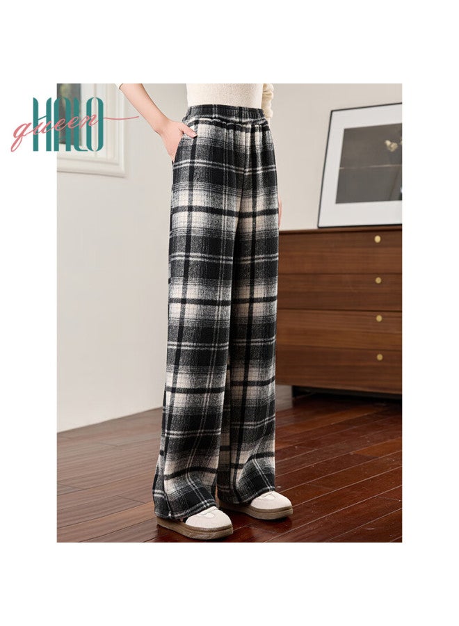 HALOQUEEN Halo Queen Fleece-lined Casual Pants For Women Autumn Winter Plaid Korean Style Thickened Loose Slim Trendy Wide-leg Pants H144k3004 - Image 4