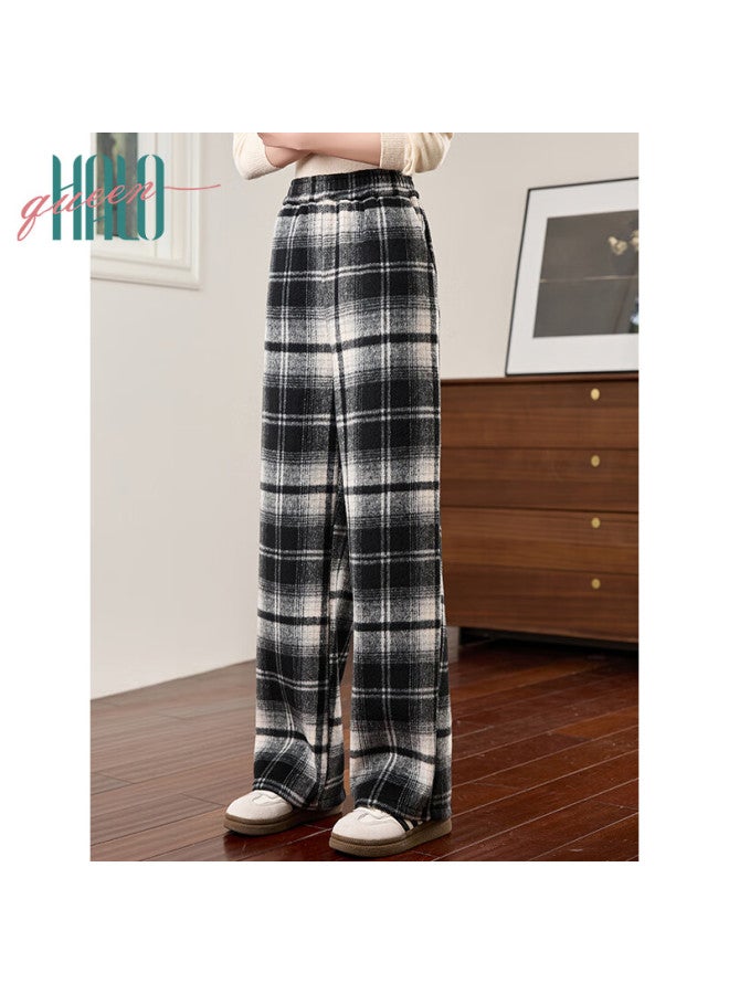 HALOQUEEN Halo Queen Fleece-lined Casual Pants For Women Autumn Winter Plaid Korean Style Thickened Loose Slim Trendy Wide-leg Pants H144k3004 - Image 5