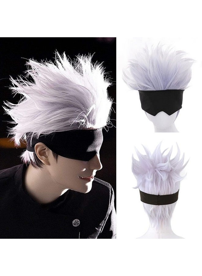 Ebingoo Bingoo Wig Cap + Black Blindfold + Short Wavy Cosplay Wig Light Purple Mix Silver Wig For Anime Heat Resistant Hair Wig For Men Boys  - Image 1