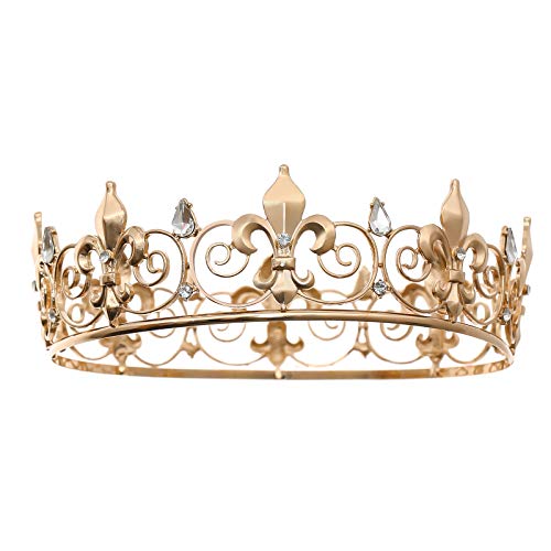 FORSEVEN Full Round King Crown- Metal Rhinestone Crowns and Tiaras for Women and Men Party Prom (HG340 Gold) - Image 1