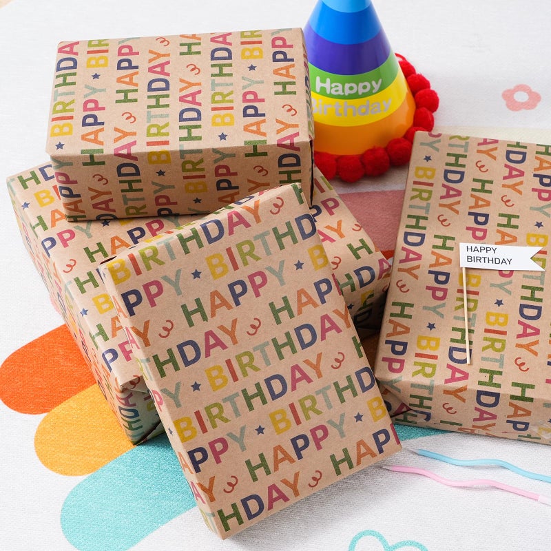 Ulmasinn Kraft Birthday Wrapping Paper - Mini Roll - 17 Inches X 33 Feet - for Boys Girls Kids - Colorful Happy Birthday Pattern Great for Teen, Party, Baby Shower - Image 3