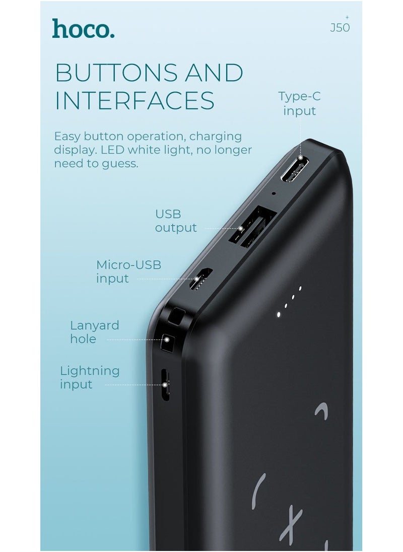 Hoco - HOCO J50 10000mAh Portable Wireless Power Bank with LCD Display, USB Port, 2 Type-C and Micro USB Ports, Compatible with Smartphones, Tablets and Other Devices, Black - Image 1