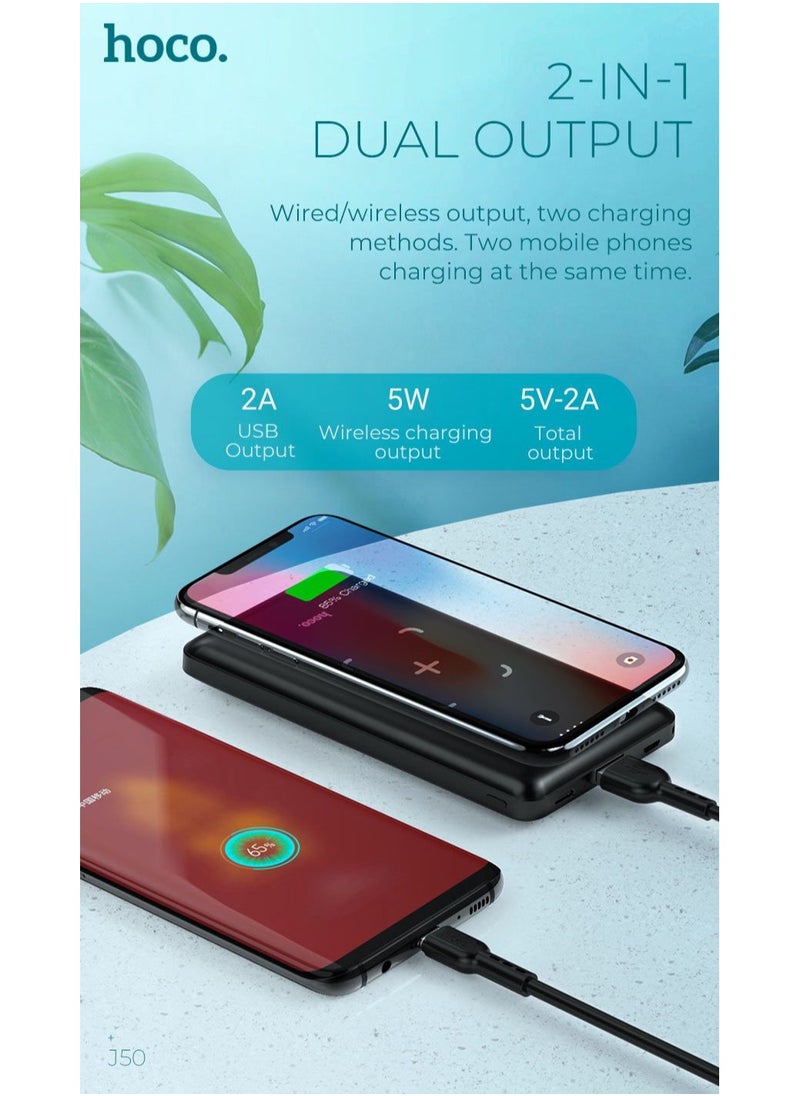 Hoco - HOCO J50 10000mAh Portable Wireless Power Bank with LCD Display, USB Port, 2 Type-C and Micro USB Ports, Compatible with Smartphones, Tablets and Other Devices, Black - Image 1