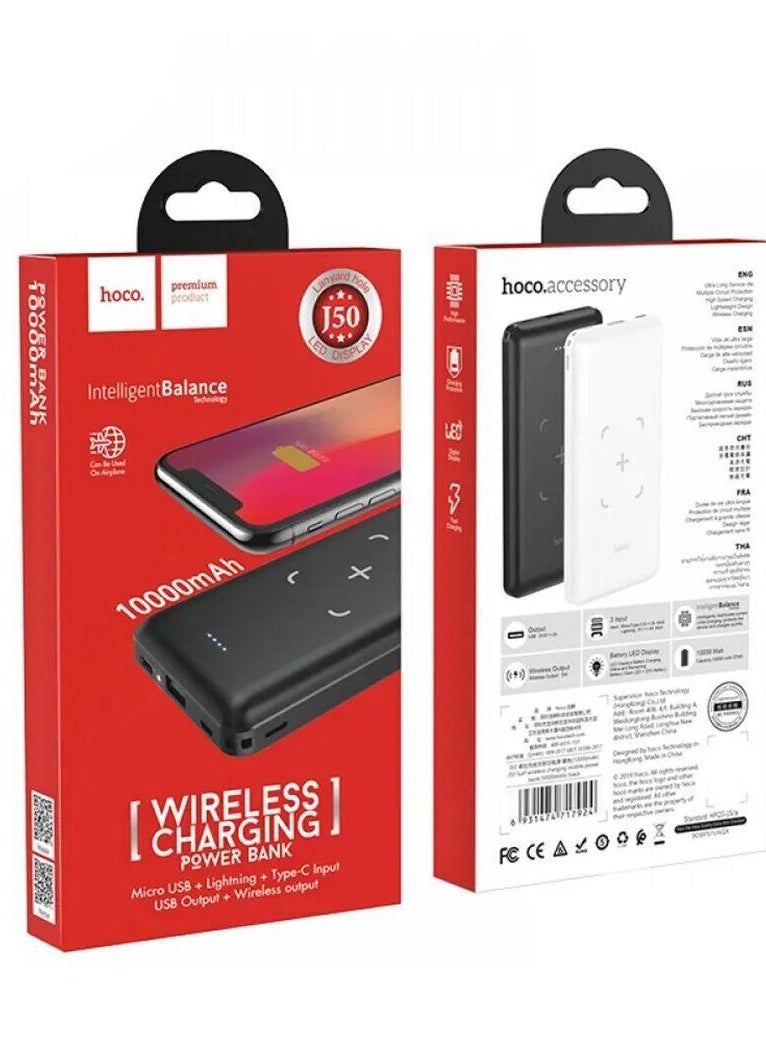 Hoco - HOCO J50 10000mAh Portable Wireless Power Bank with LCD Display, USB Port, 2 Type-C and Micro USB Ports, Compatible with Smartphones, Tablets and Other Devices, Black - Image 1