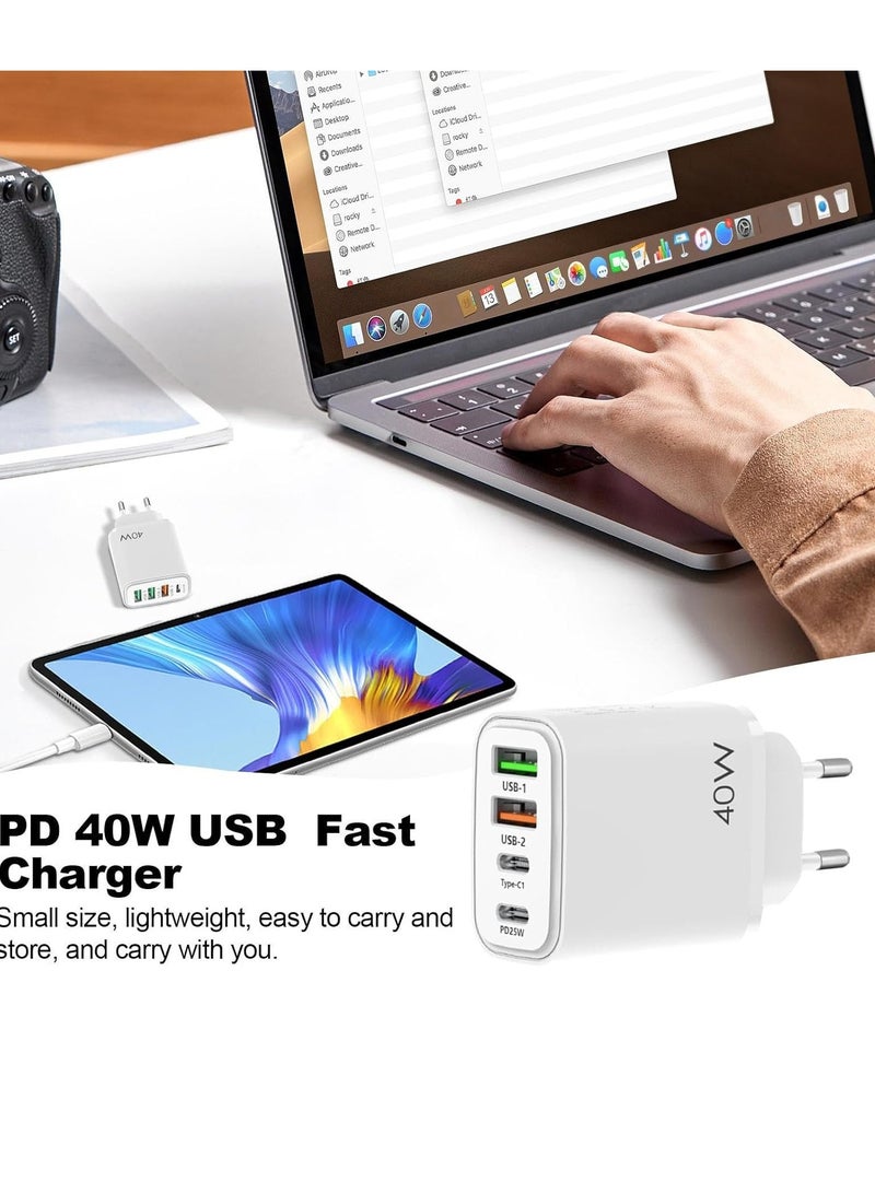 ELTRAZONE USB C Fast Charger – 40W PD 4-Port Over Current Protection Charging Block with Cable – Portable Charger for Headphones, Tablets, Smartphones – 100-240V Universal Charging for Home, Dorm, and Travel - Image 2