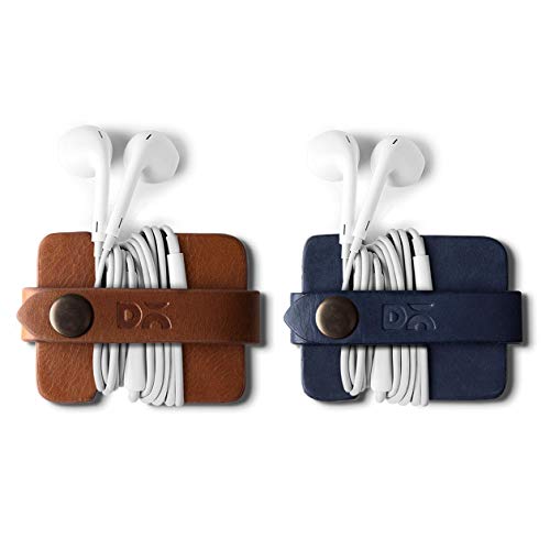 DailyObjects Flake Cable Wrap for Cables/Chords/Wires | Wire Winder, Headphones Holder, Mini Clip Organiser | Made, Dry-Milled Leather | (Blue and Brown) - Set of 2 - Image 1