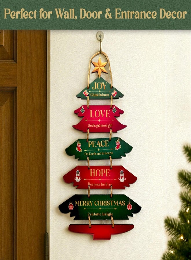 Solobolo Wooden Christmas Tree Wall Hanging Décor | Joy Love Peace Hope Merry Christmas Tree with Golden Rope Hanger | Rustic Wall Decorations for Home, Office, Café & Church | Festive Gift Idea - Image 5